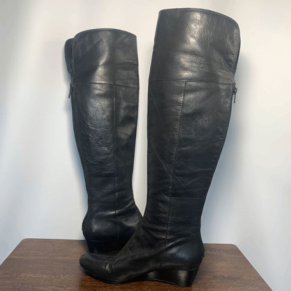Nine West Leather Almond Toe Zipper Closure Wedge Heeled Boots Black Size 6.5